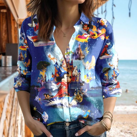Fantasy Mickey Mouse Women Casual Shirt, Mickey Mouse Linen Shirt, Cartoon Women Blouses Shirt, Summer Family Trip Gift, Magic Kingdom Shirt