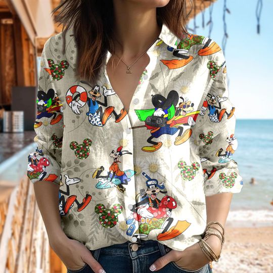Cute Goofy Women Blouses Women Shirt, Goofy Surfing Casual Shirt, Cartoon Gift For Women, Magic Kingdom T-Shirt, Summer Family Trip Tee