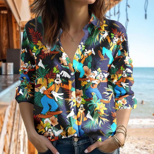 Goofy 3D Women Blouses Shirt, Goofy And Palm Tree Casual Shirt, Summer Vacation Shirt, Cartoon Characters Women Blouses Shirt