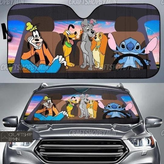 Disney Dogs Car Sun Shade, Goofy Pluto Stitch Lady And The Tramp Sunshade, Disney Goofy Car Accessory, Disney Family Trip SunShade