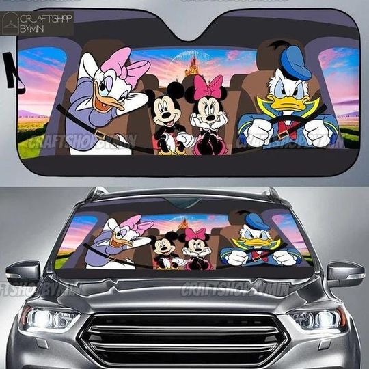 Mickey And Friends Car Sun Shade, Disney Friends Auto Sunshade, Donald Duck Minnie Car Accessory, Cute Disney Family Trip SunShade