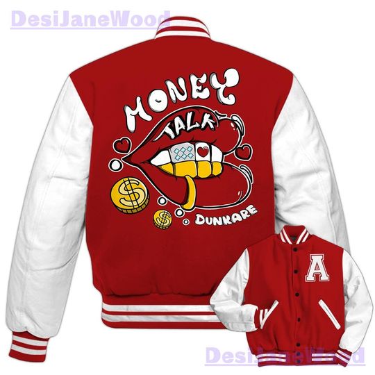 Dunkare Red Taxi 12s Varsity Jacket, Custom Lips Money Talk Varsity Jacket Outfit