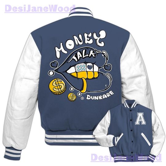 Dunkare Low Diffused Blue 11s Varsity Jacket, Custom Lips Money Talk Varsity Jacket Outfit