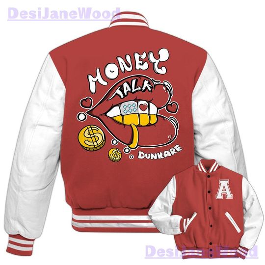 Dunkare Dune Red 13s Varsity Jacket, Custom Lips Money Talk Varsity Jacket Outfit