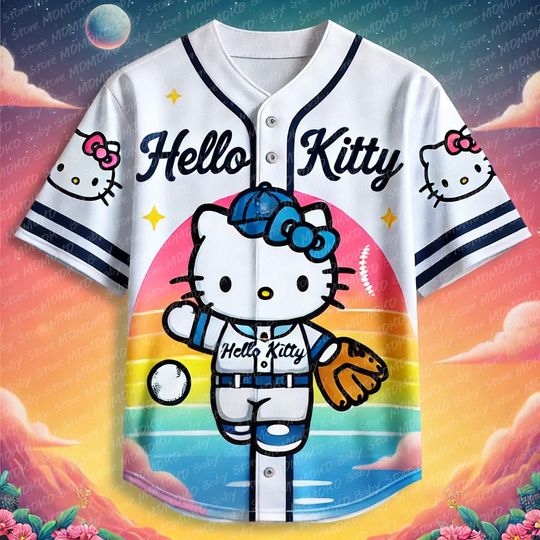 Sanrio Hello Kitty Baseball Jersey, Fashion Personalized Cartoon Print Baseball Jerseys, Casual Children Outdoor Sports Tops