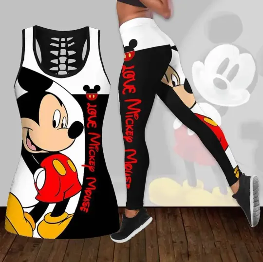 Disney Mickey Mouse Women's Hollow Tank Top Womens Leggings Yoga Suit Fitness Leggings Sports Suit Tank Top Legging Set Outfit