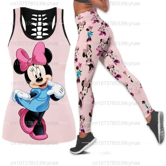 Disney Minnie Women's Hollow Tank Top, Women's Y2k Leggings Yoga Suit, Fitness Leggings Sports Suit, Tank Top, Legging Set Outfit.