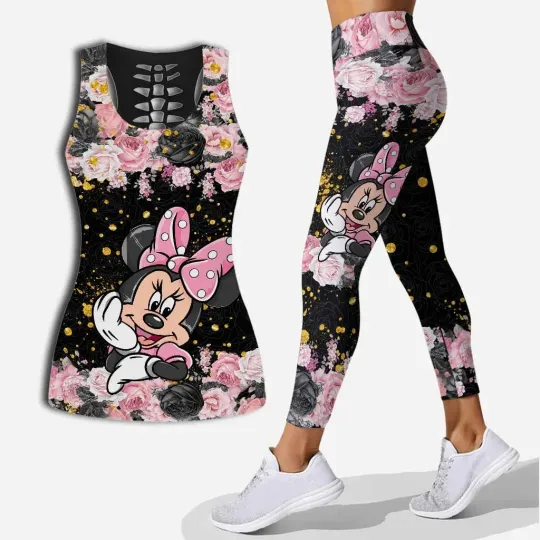 Disney Minnie Mouse Women's Hollow y2k Vest, Leggings Yoga Suit, Fitness Leggings Sports Suit, Disney Tank Top, Legging Set.