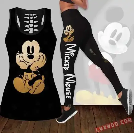 Disney Mickey Mouse Women's Hollow Tank top, Leggings Set, Summer Fitness Leggings Tracksuit, Cutout Tank Top, Leggings.