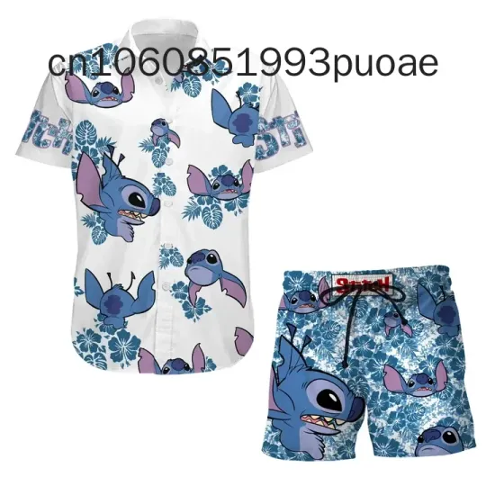 2024 New Stitch Hawaiian Shirt And Shorts, Stitch Summer Beach Shirt, Disney 3D Shirt, Aloha Shirts And Shorts Set.