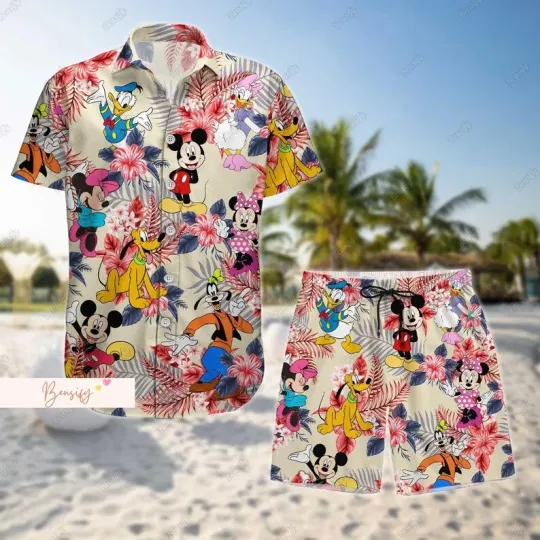 2024 Disney Minnie Men Women Hawaiian Shirt Set of 2, Vintage Button Up Shirt, Board Shorts Casual Set, Summer Kids Shirt Set.