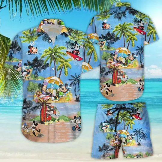 Disney Mickey Mouse Sweet Summer Vacation Kids Hawaiian Shirt and Board Shorts, Fashion Short Sleeve Shirt Set Men Streetwear.