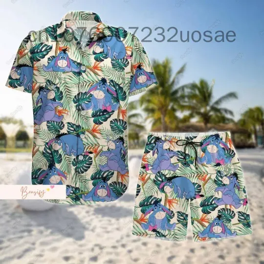 2024 Disney Eeyore Hawaiian Shirt Shorts Set, Men Casual Beach Vacation Short Sleeve Set, Beach Shorts Retro Button, Kids Shirt.