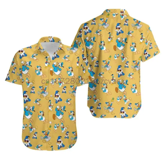 Disney Donald Duck Hawaiian Shirts, Men's Short Sleeve Tops Hawaiian Shirt, Casual Beach Short Sleeve Vintage Button Down Shirt.