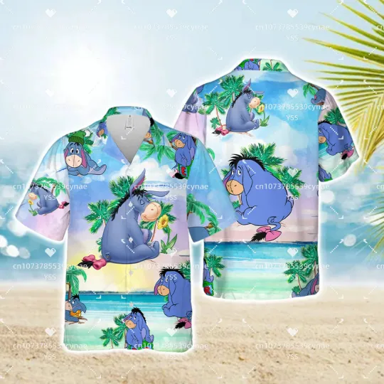 2024 Disney Eeyore Hawaiian Shirt, Eeyore Donkey Palm Tree Beach Short Sleeve Hawaiian Shirt, Men's and Women's T-shirt.
