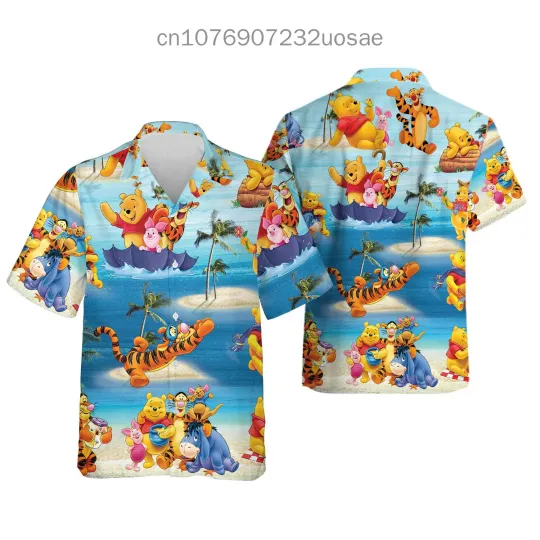 2024 Disney Winnie The Pooh Men and Women Hawaiian Shirt, Short Sleeve Cartoon Casual Beach Short Sleeve Shirt, Retro Button.
