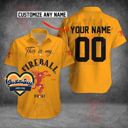 Fireball Button Shirt, Fireball Shirt, Fireball Hawaiian Shirt, Fireball Gift, Custom Fireball Shirt, Beach Shirt, Drinking Gift