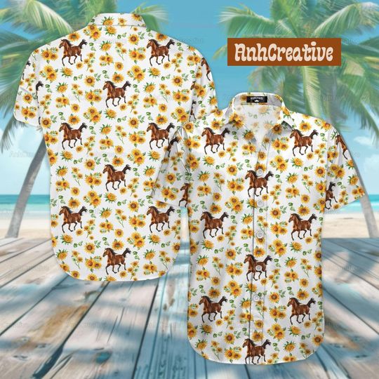 Horse Sunflower Hawaiian Shirt, Sunflower Pattern Horse Casual Shirt, Hawaiian Shirt, Horse Beach Shirt, Sunflower Shirt, Horse Button