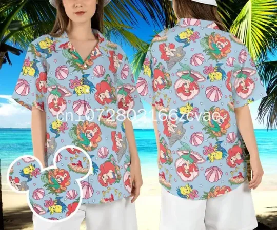 The Little Mermaid Hawaiian Shirt, Disney Ariel Princess Hawaiian Shirt, Men's and Women's Vintage Button Short sleeved Shirt