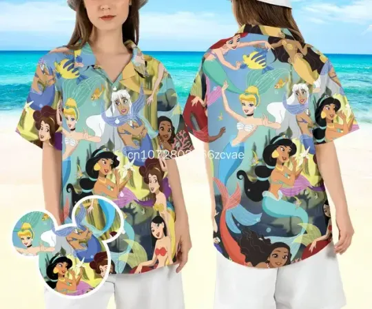 Disney Princess Hawaiian Shirt, Men's and Women's Vintage Button Short sleeved Shirt