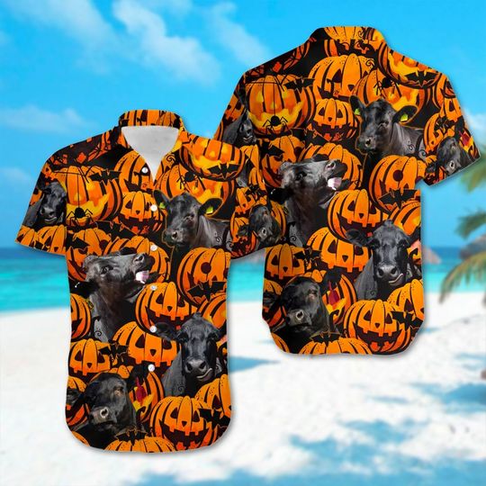 Black Angus Cattle Lovers Button Down Short Sleeve Hawaiian for Men, Women, Kids, Halloween Cartoon Character Shirt
