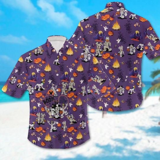 Mickey and Friends Mummy Button Down Short Sleeve Hawaiian for Men, Women, Kids, Halloween Cartoon Character Shirt