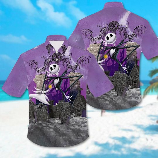 Jack Skellington Purple Button Down Short Sleeve Hawaiian for Men, Women, Kids, Halloween Cartoon Shirt