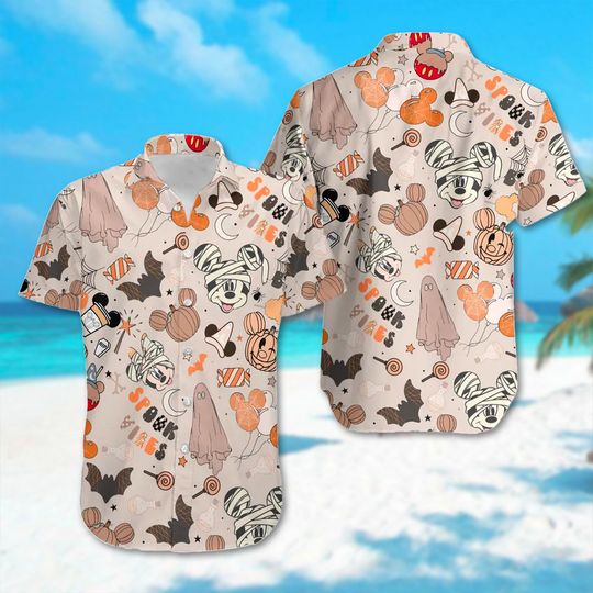 Mickey Mouse Spook Vibes Collared button down short sleeve art hawaiian shirt for unisex, Trending Casual Fashion
