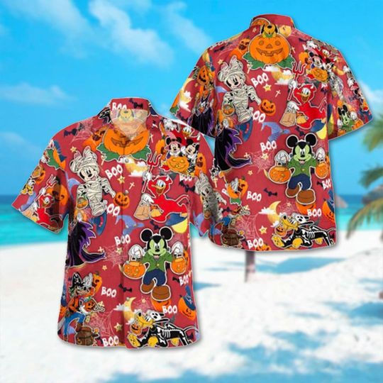 Mickey And Friends Halloween Collared button down short sleeve art hawaiian shirt for unisex, Trending Casual Fashion