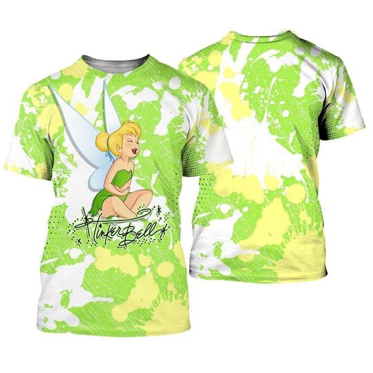 Fairy Princess Tinker Bell Animated Character Watercolor Splashing 3D T-SHIRT, Disney Casual Tee, All Size Available