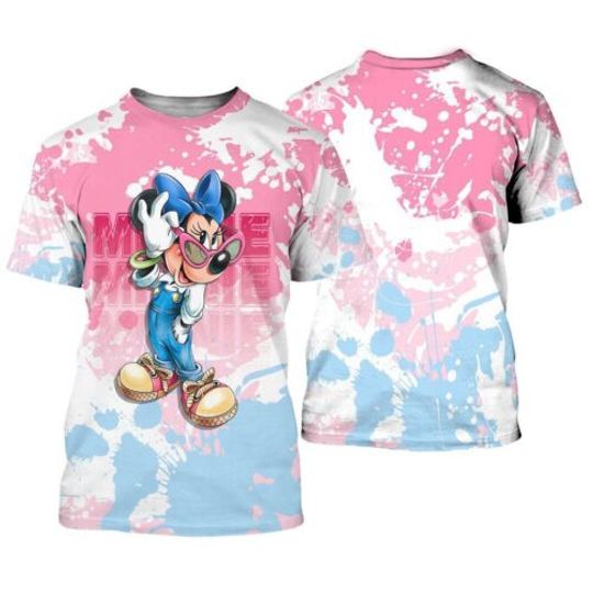 Minnie Wearing Glasses Mouse Ears Fans Splashing Watercolor 3D T-SHIRT, Disney Casual Tee, All Size Available