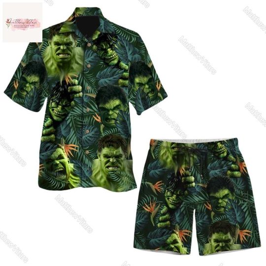 Hulk Hawaiian Shirt/Shorts, Superhero Button Shirt, Hulk Mens Shorts, Summer Beach Shirt, Hulk Tropical Shirt, Beach Shorts, Hawaii Tee