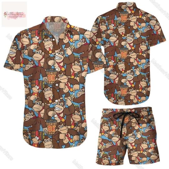 Donkey Kong Hawaiian Shirt, Donkey Kong Button Shirt, Donkey Kong Shorts Men, Video Games Shirt, Button Up Shirt, Donkey Beach Shorts