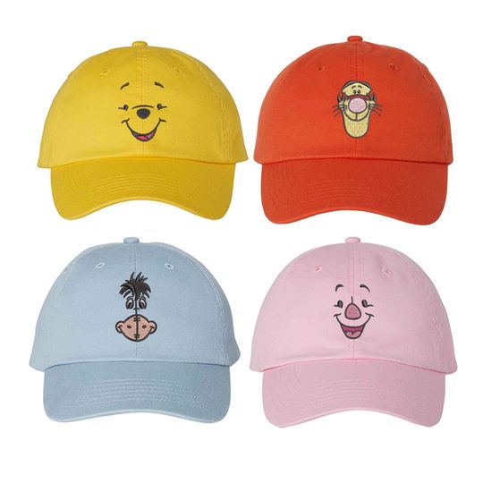 Pooh Friends Face Hats, Pooh Piglet Eeyore Tigger Embroidered adjustable Hats, Magic Kingdom, Disney Trip Hat Adult Kids sizes