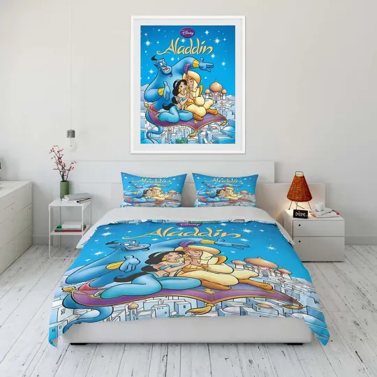 Disney Aladdin Jasmine Princess Cartoon Bedding Set, Home Room Bedroom Disney Bedding Set, Gift for Fans, Funny Gift Idea