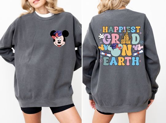 Comfort Colors Happiest Grad On Earth Sweatshirt, Minnie Graduation Sweatshirt, Disney Graduation Sweatshirt, Disney Graduation Trip