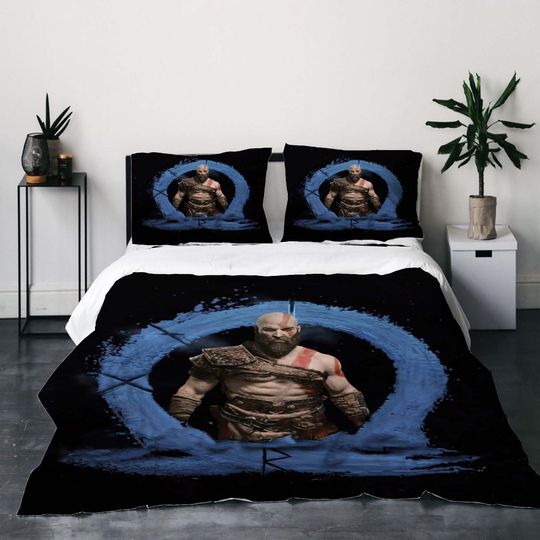 Custom Christmas God of war ragnarok Three-Piece Quilt cover Set Gift pillowcase Home Decor Child Gift for Soft Comfortable Bedding Bedroom.