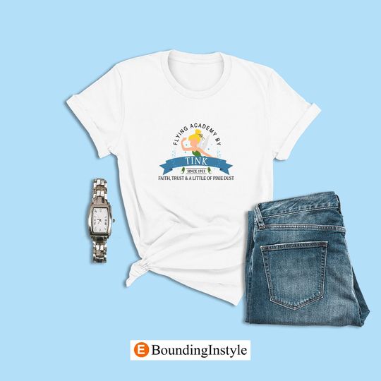 Peter Pan Logo Shirt, Flying Academy by Tink Since 1953, Tinker Bell Shirt, Disney Shirt, Casual Cotton Summer Short Sleeved Shirt, Disney Men Clothing for Men, Women and Kids