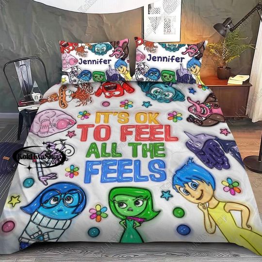 Custom Disney Pixar Inside Out Bedding Set, Inside Out 2 Bed Set, It's Okay To Feel All The Feels Duvet Cover, Inside Out Movie Merch