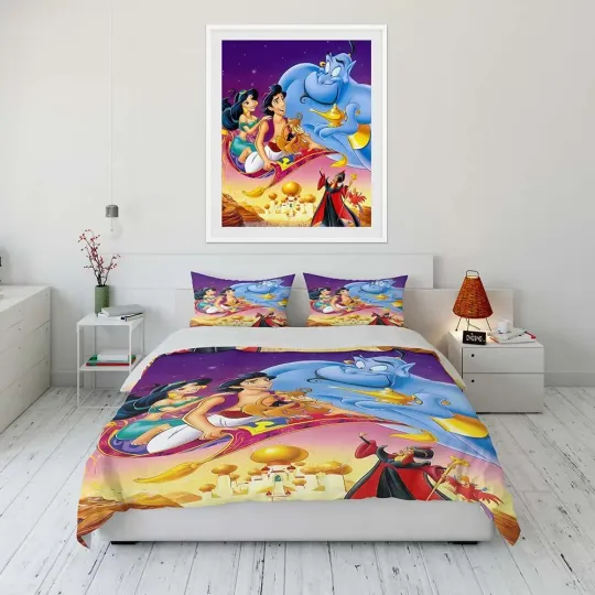 Disney Aladdin Cartoon Bedding Set, Home Room Bedroom Disney Bedding Set, Gift for Fans, Funny Gift Idea