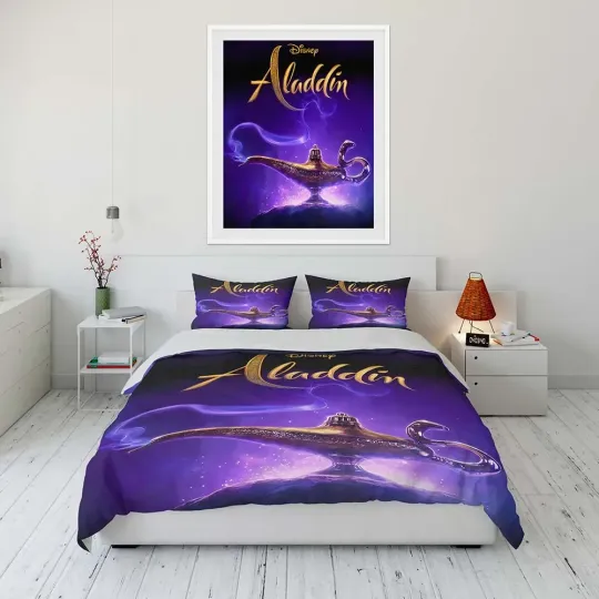 Disney Aladdin Cartoon Bedding Set, Home Room Bedroom Disney Bedding Set, Gift for Fans, Funny Gift Idea