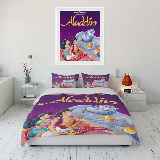 Disney Aladdin Cartoon Bedding Set, Home Room Bedroom Disney Bedding Set, Gift for Fans, Funny Gift Idea