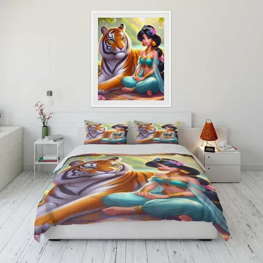 Disney Jasmine Princess Cartoon Bedding Set, Home Room Bedroom Disney Bedding Set, Gift for Fans, Funny Gift Idea