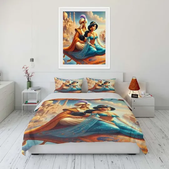 Disney Aladdin Jasmine Princess Cartoon Bedding Set, Home Room Bedroom Disney Bedding Set, Gift for Fans, Funny Gift Idea