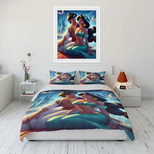 Disney Jasmine Princess and Aladdin Cartoon Bedding Set, Home Room Bedroom Disney Bedding Set, Gift for Fans, Funny Gift Idea