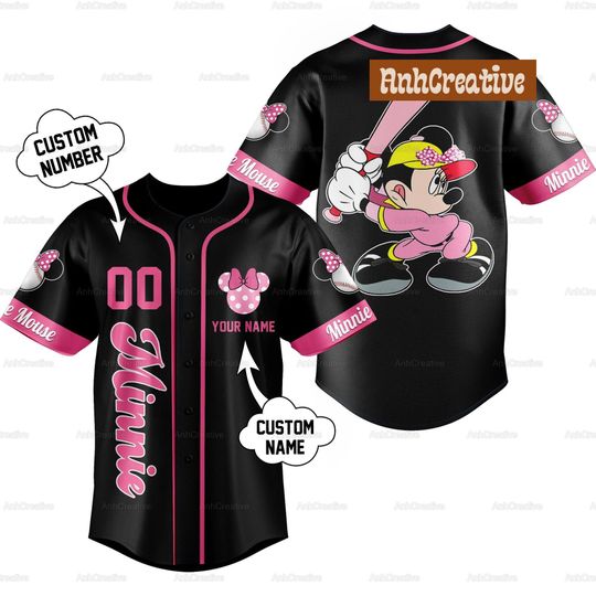 Custom Minnie Black Baseball Jersey, Disneyland Shirt, Minnie Jersey Shirt, Disneyworld Shirts, Gift For Her, Minnie Shirt For Woman Men