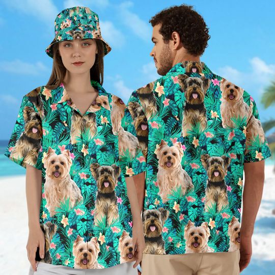 Personalized Photo Summer Hawaiian Shirt, Custom Photo Pet Dog Cat Lover Tropical Button Up, Dog Mom Tee, Birthday Gift For Family