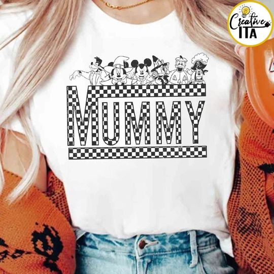 Personalized Mickey and Friends Checkered Disney Family Halloween Mummy Deady Little Boo Shirt, Disney Halloween Shirt, Halloween Merch, Halloween Clothing for Men, Women and Kids