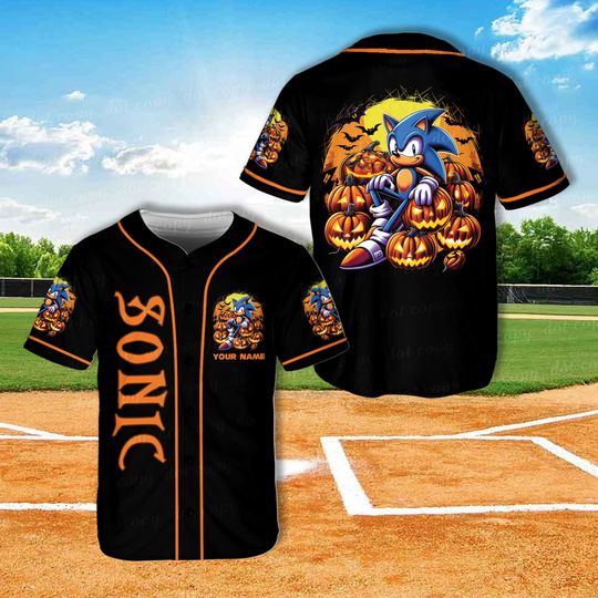 Custom Sonic the Hedgehog Halloween Baseball Jersey, Personalized Sonic Shirt, Cartoon Sonic Matching Halloween Party Outfit For Sonic Lover