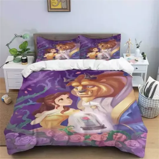 Beauty And The Beast Floral Purple Themed Bedding Set, For Home and Living, For Fan Gifts, Disney Merch